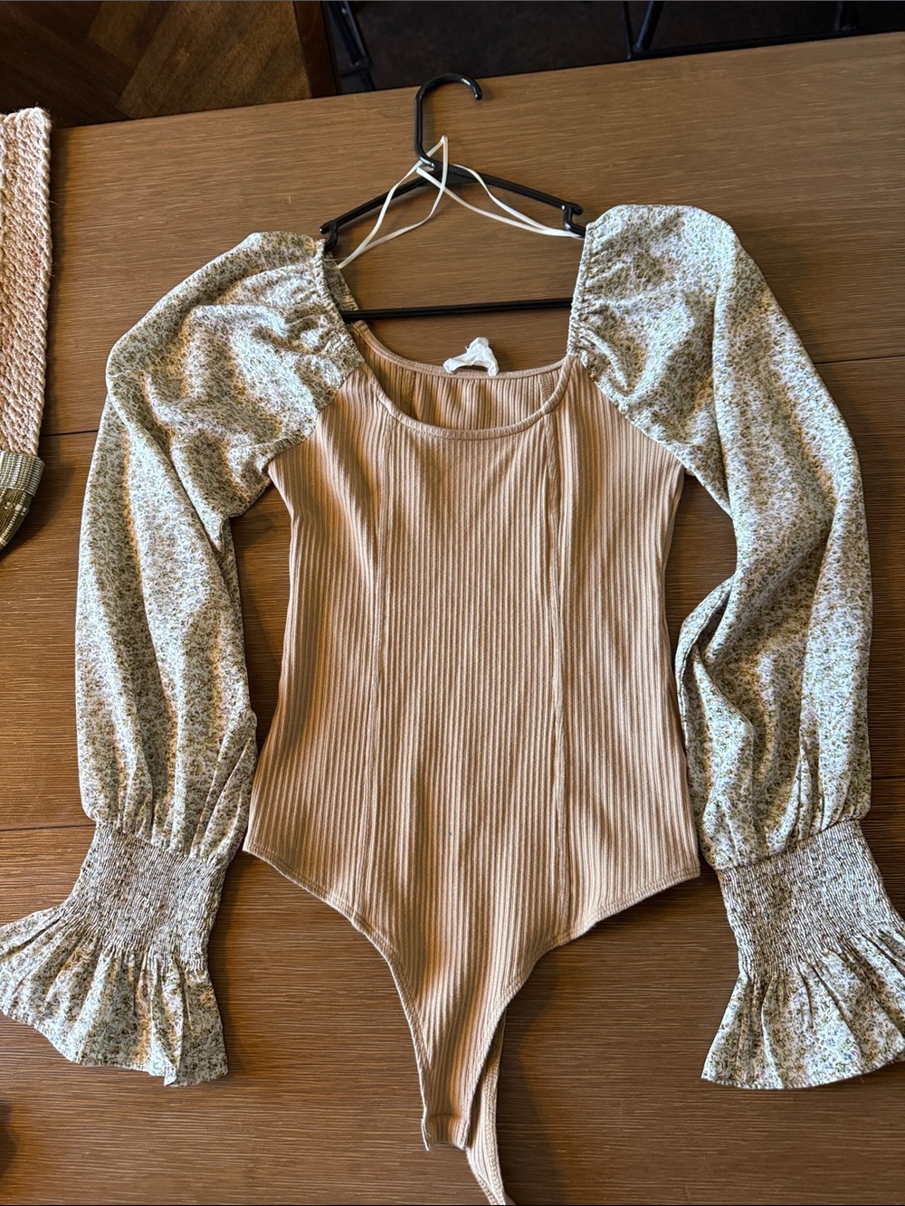 Ribbed Beige Bodysuit with Floral Puff Sleeves